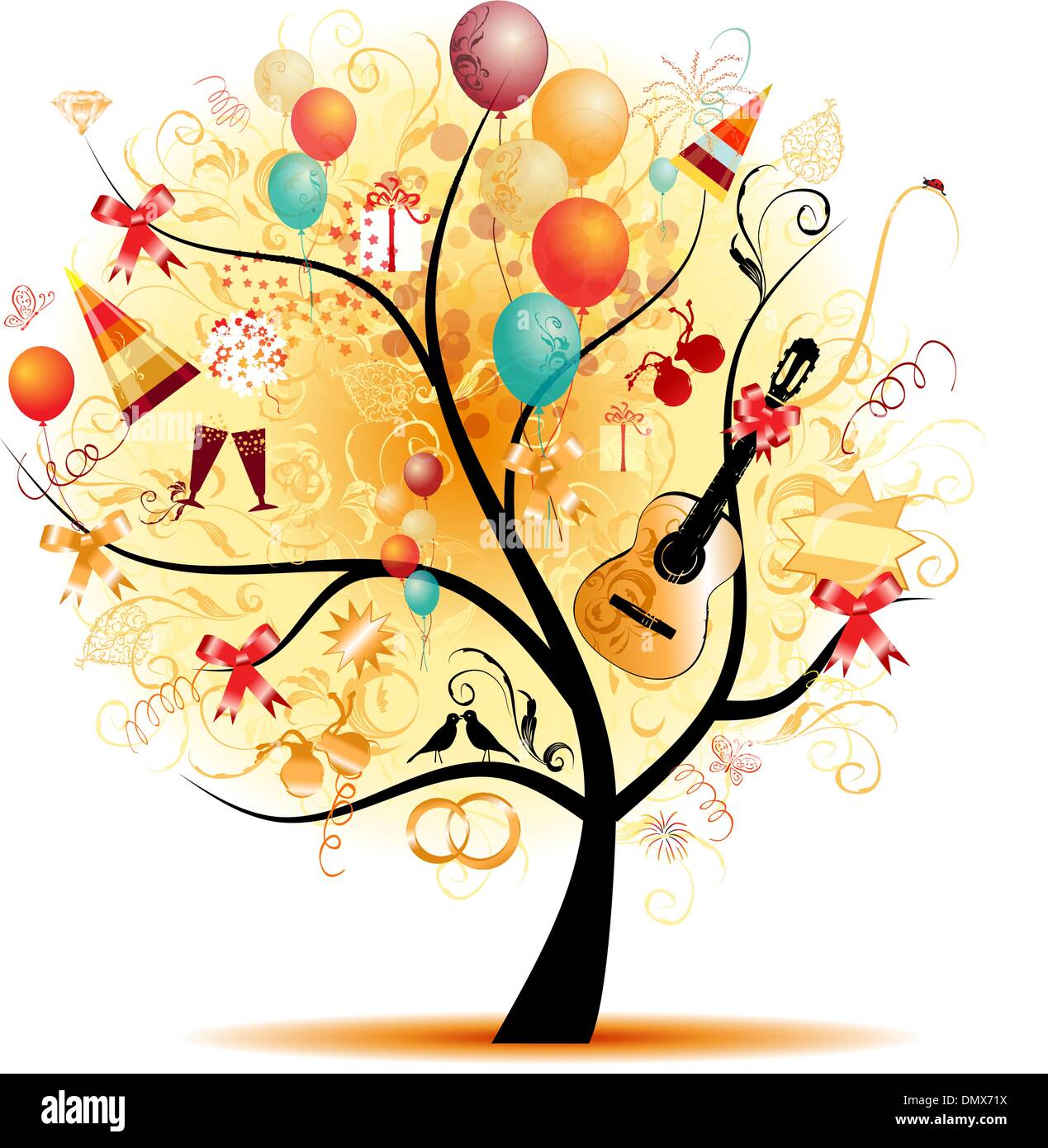 Glückliche Feier, lustigen Baum mit Urlaub Symbole Stock Vektor