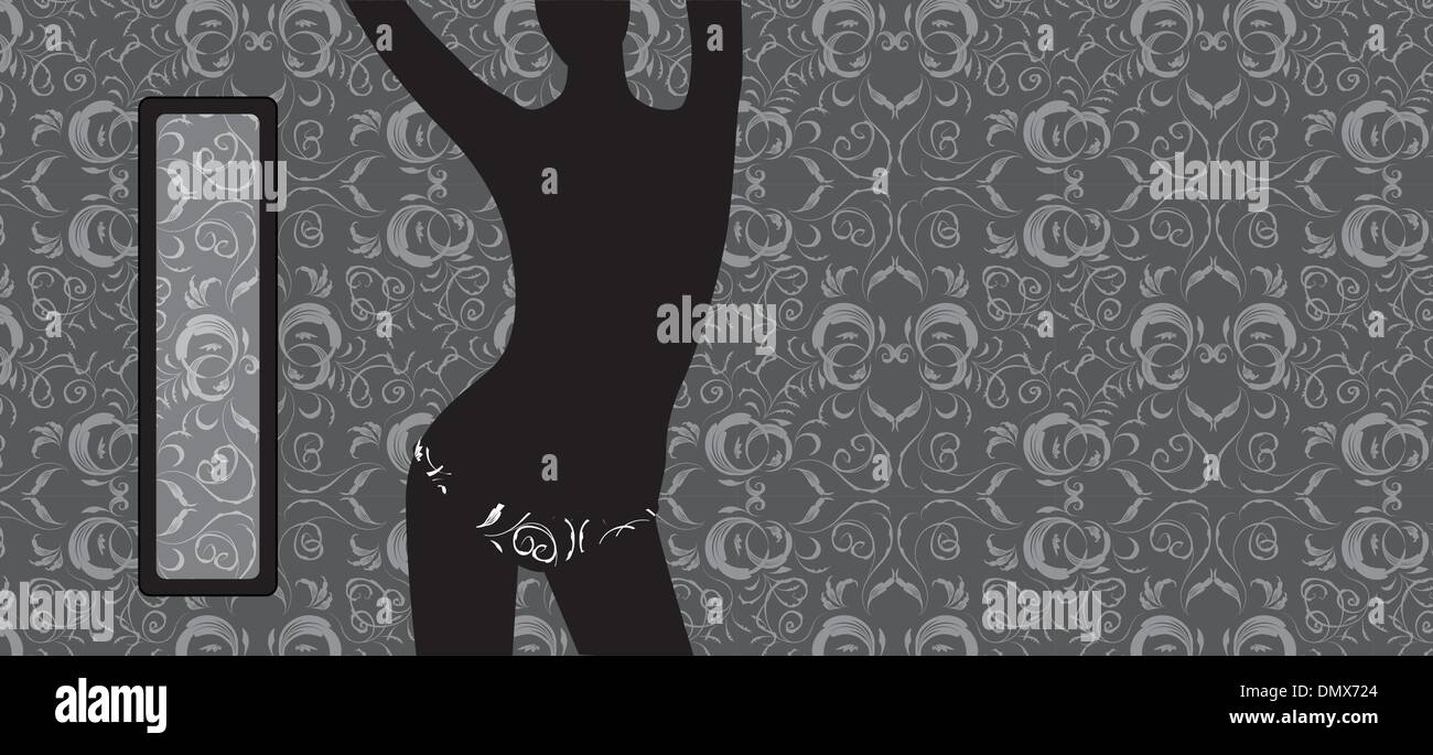 Frauen-Silhouette an Wand, Blumenrahmen mit Platz für Ihren text Stock Vektor