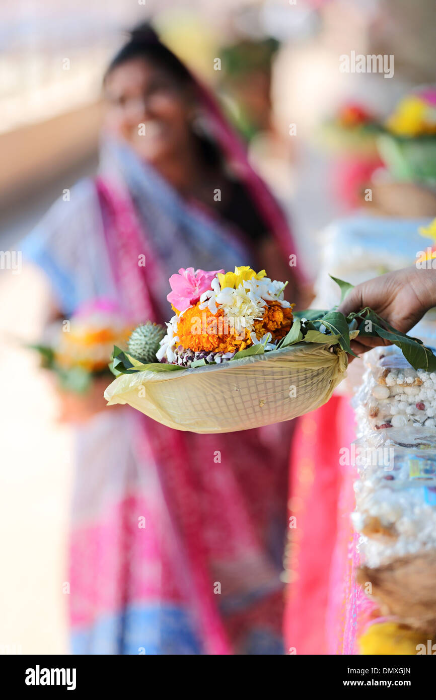 Blumen für Angebote an die Omkareshwar Tempel Madhya Pradesh Indien Stockfoto