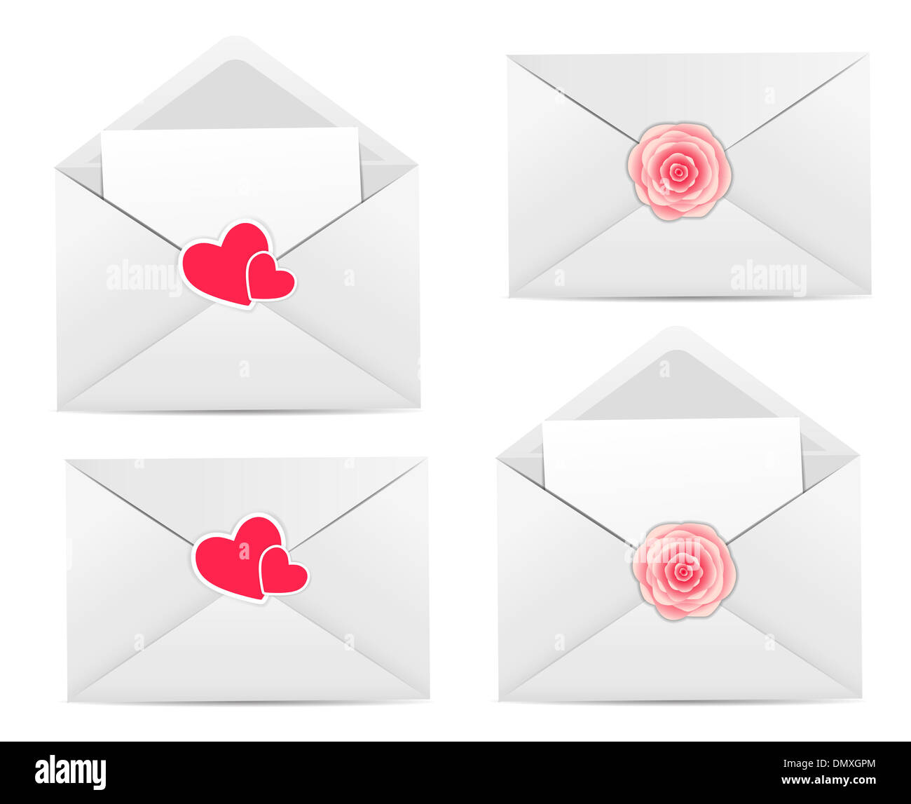 Karte zum Valentinstag mit Umschlag, Herz und Rose Blume Vektor-Illustration Stockfoto