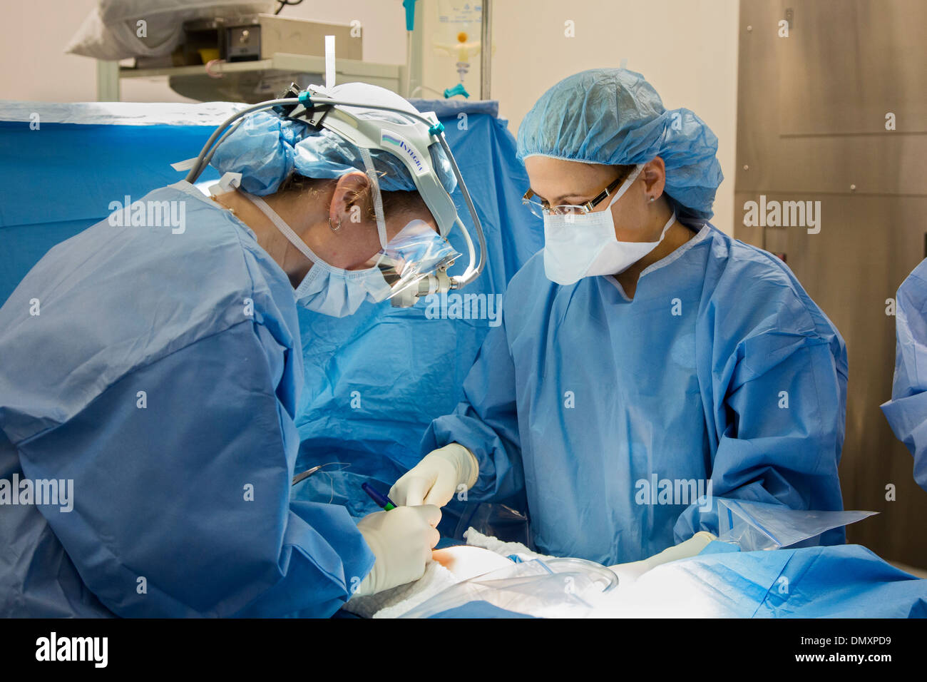 Chirurgen führen eine Hysterektomie auf eine Frau mit Endometriumkarzinom. Stockfoto