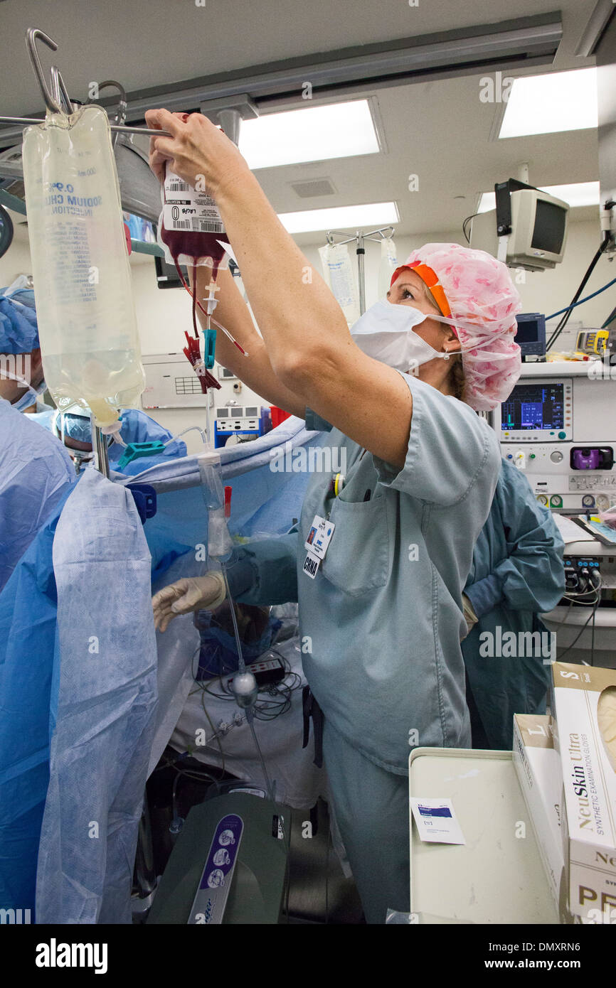 Eine zertifizierte Krankenschwester Anästhesisten hängt Blut als Chirurgen auf eine Frau mit Endometriumkarzinom eine Hysterektomie durchführen. Stockfoto