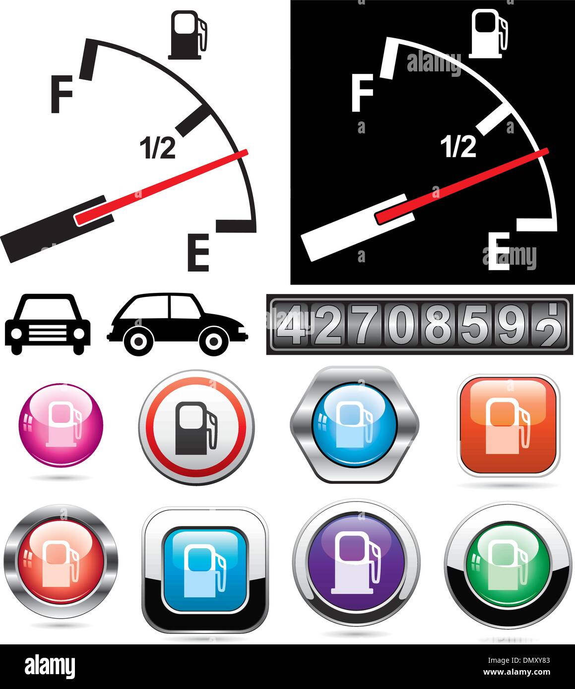 Vektor-Illustration der Tankuhr und Ikonen der Tankstelle Stock Vektor