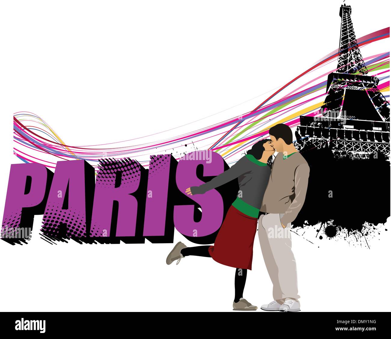 3D Wort Paris auf dem Eiffel Turm Grunge Hintergrund mit küssen Stock Vektor