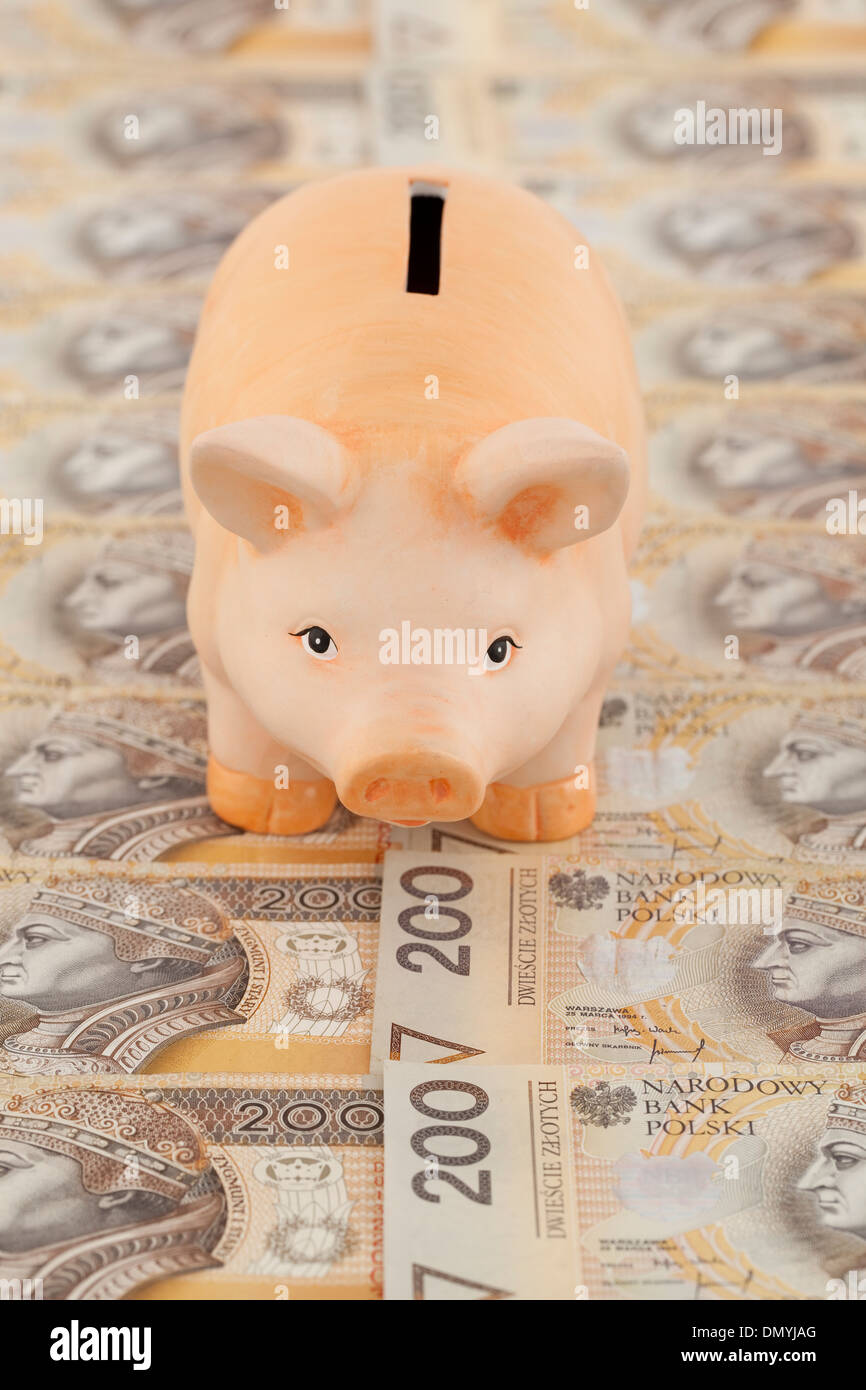 Rosa Schweinchen auf Polnisch Geld als Hintergrund Stockfoto