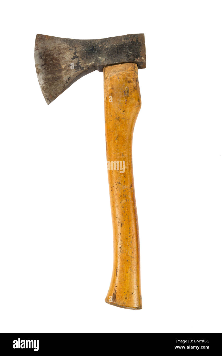 Gebrauchte Ax mit Holzgriff isoliert auf weißem Hintergrund Stockfoto