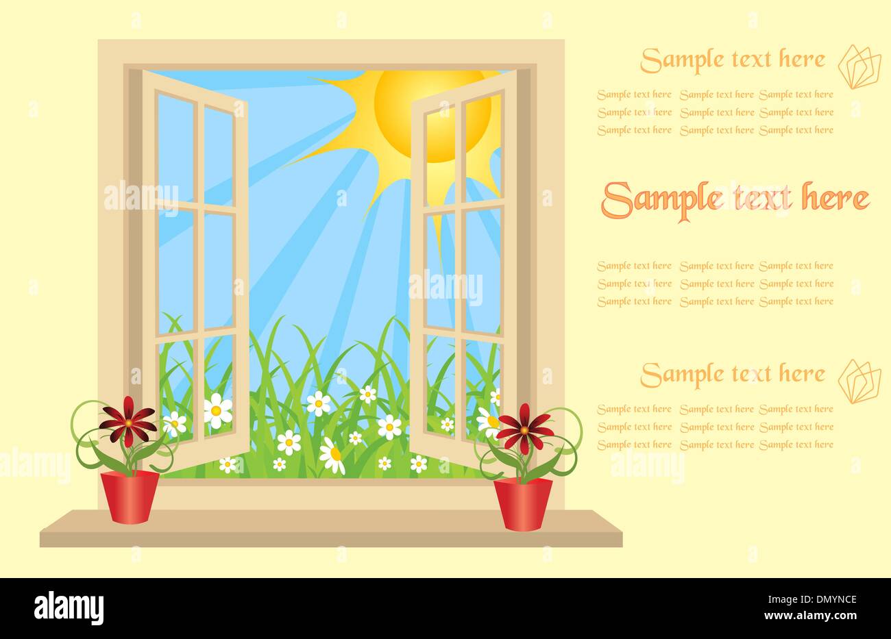 Kunststoff-Fenster eröffnet im Zimmer mit Blick auf grüne Wiese. Vektor. mit Platz für text Stock Vektor
