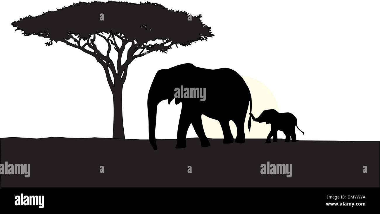 Afrikanischer Elefant mit Baby-silhouette Stock Vektor