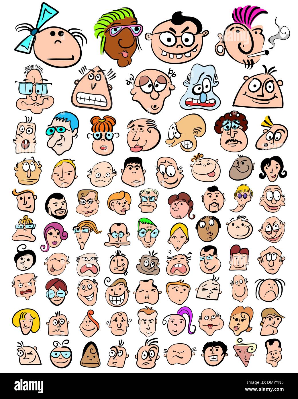 Lustige Charaktere Doodle Cartoons. Nette Menschen Ausdrücke Icons Stock Vektor