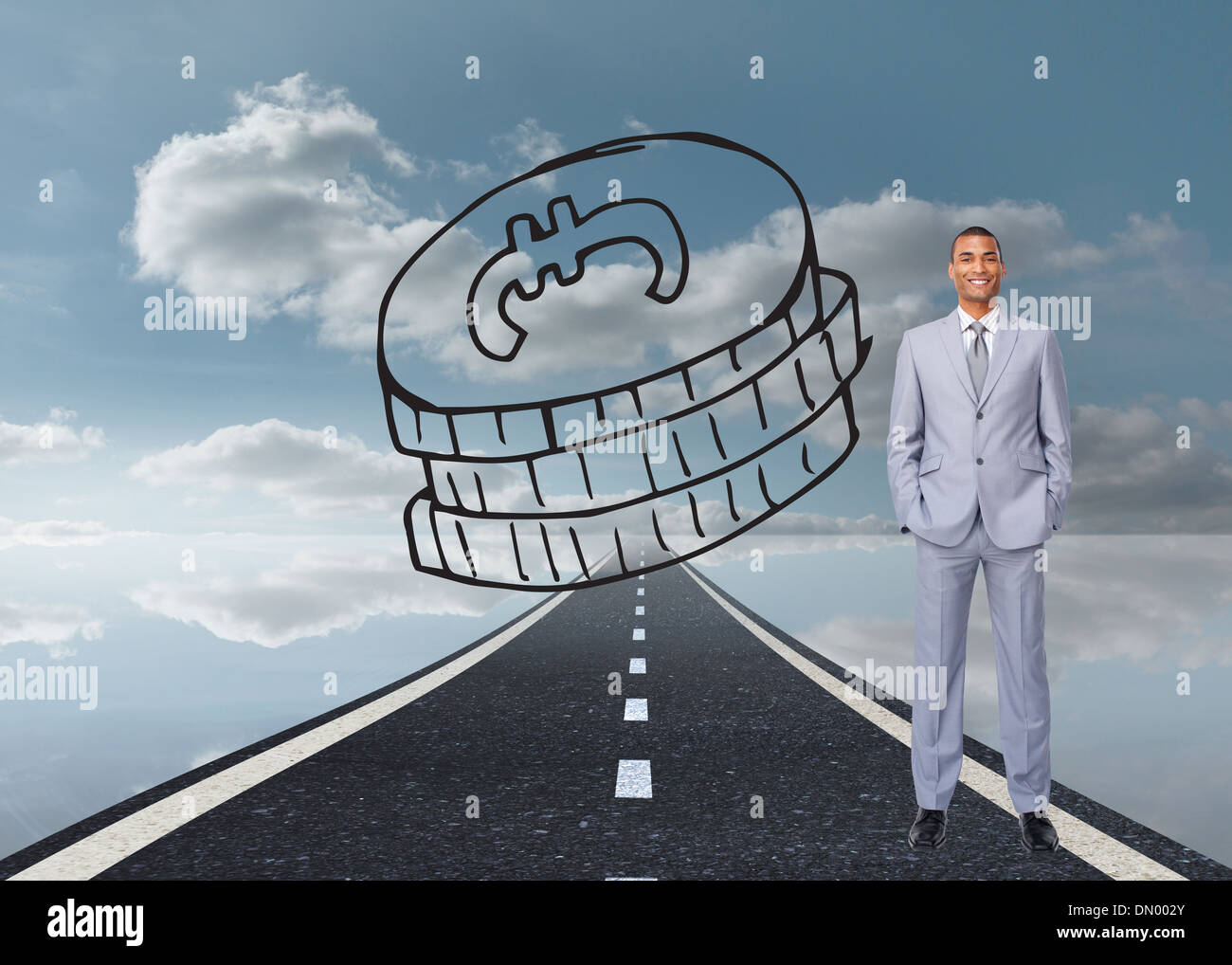 Zusammengesetztes Bild von attraktiven Geschäftsmann mit Händen in den Taschen Stockfoto