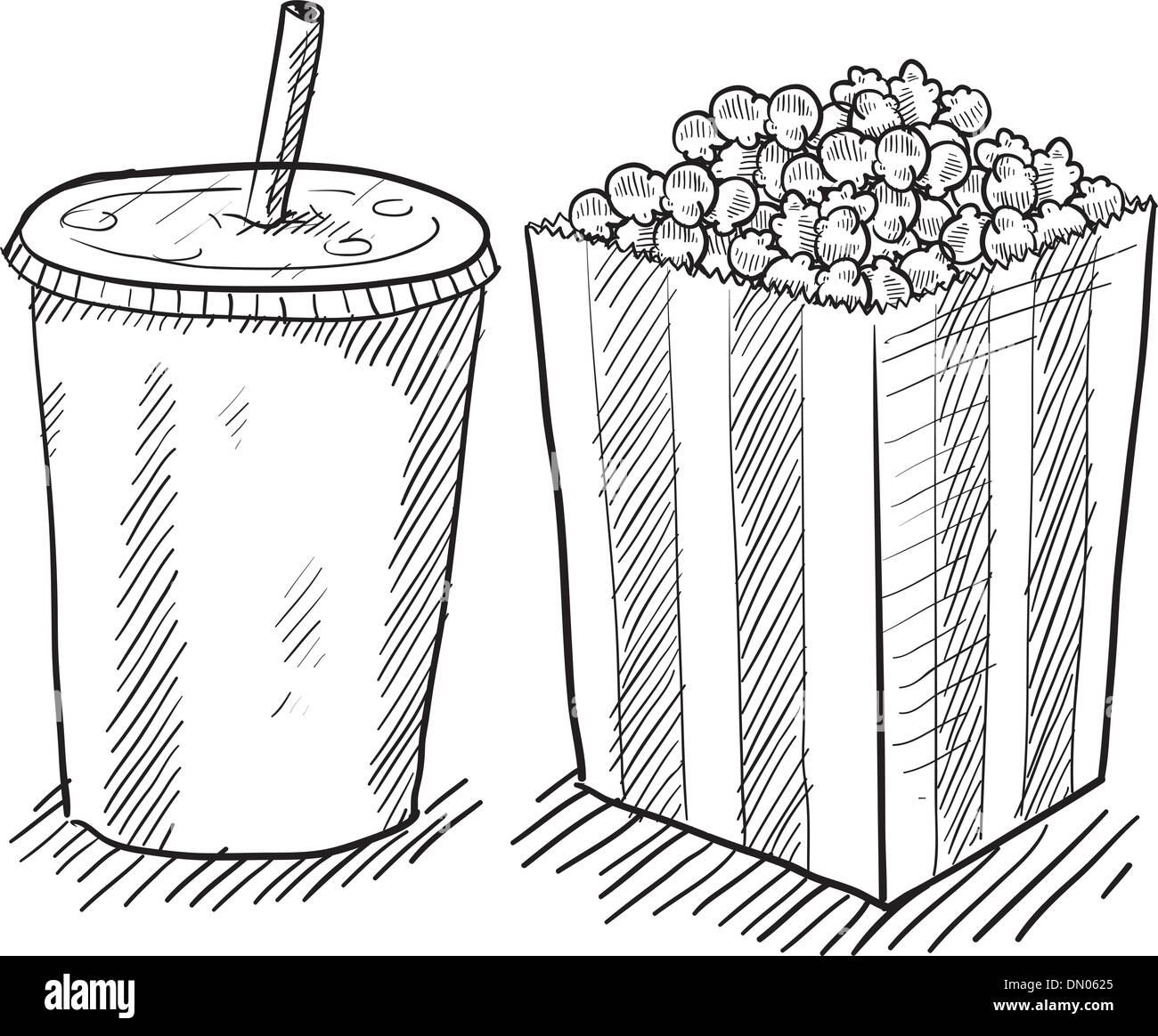 Film-Popcorn und Getränke-Skizze Stock Vektor