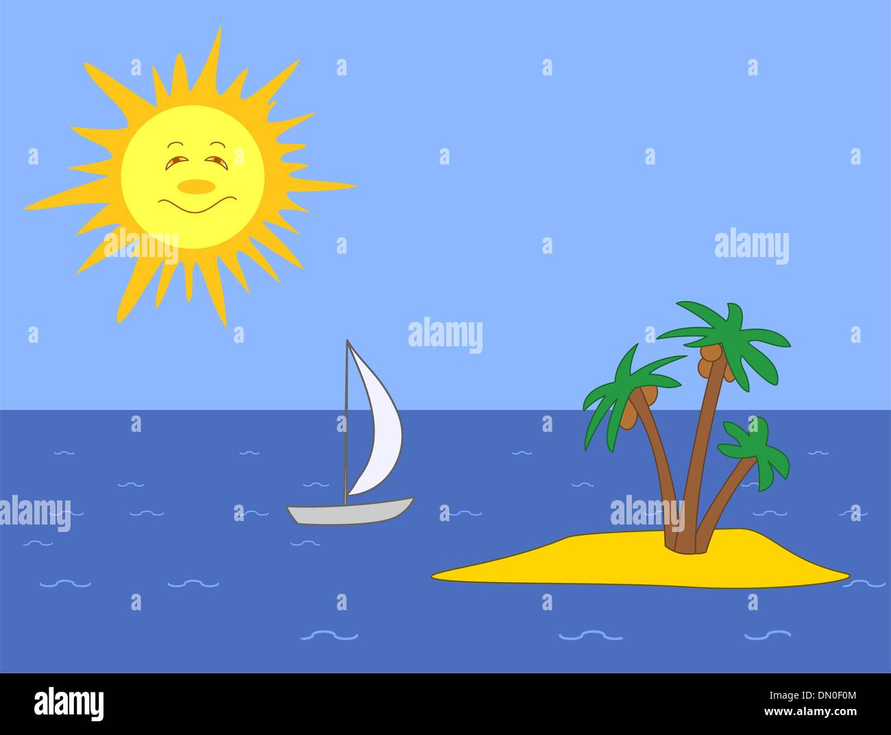 Sonne, Schiff und Insel Stock Vektor