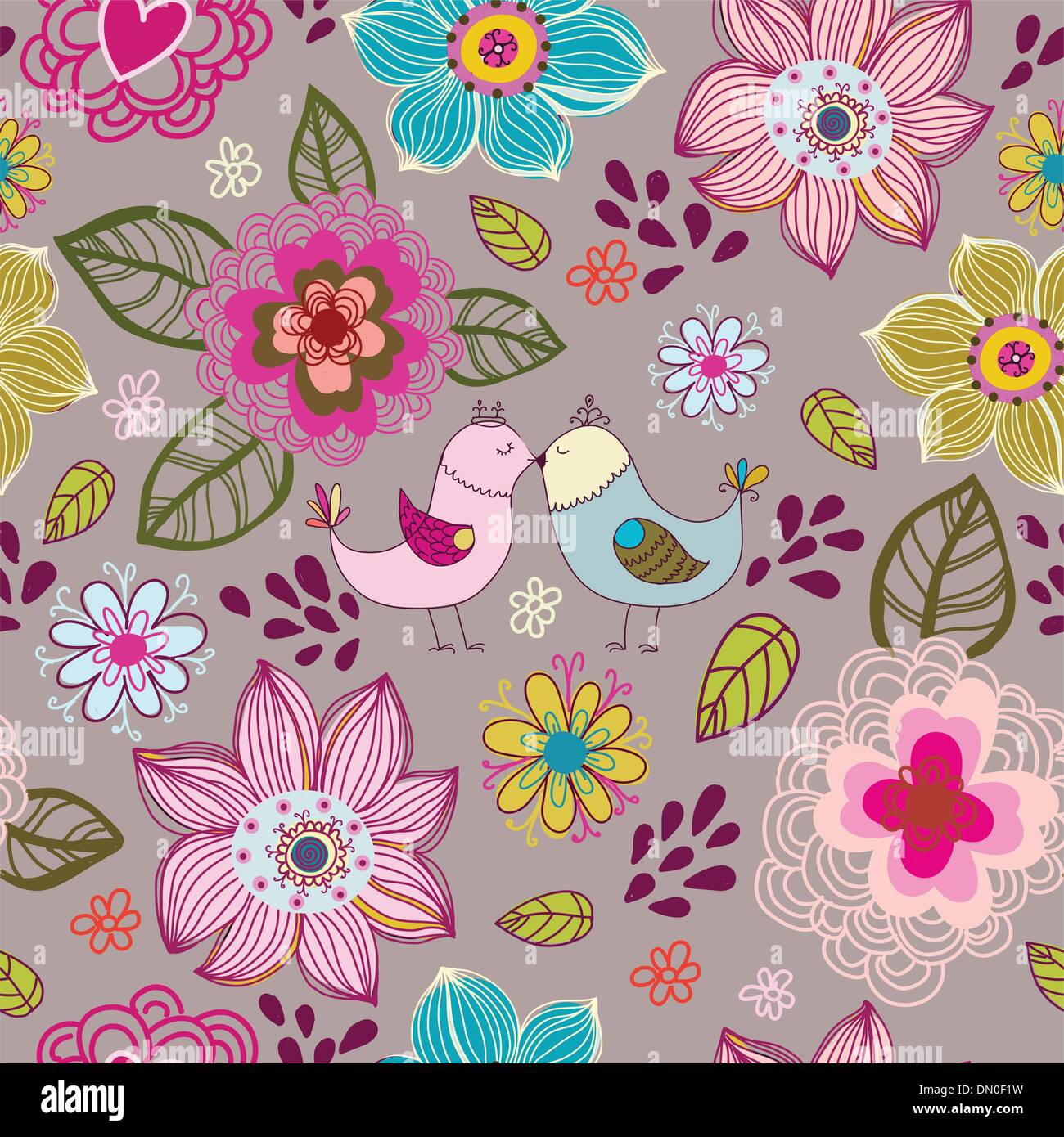 Nahtlose Textur mit Blumen und Vögel. Stock Vektor