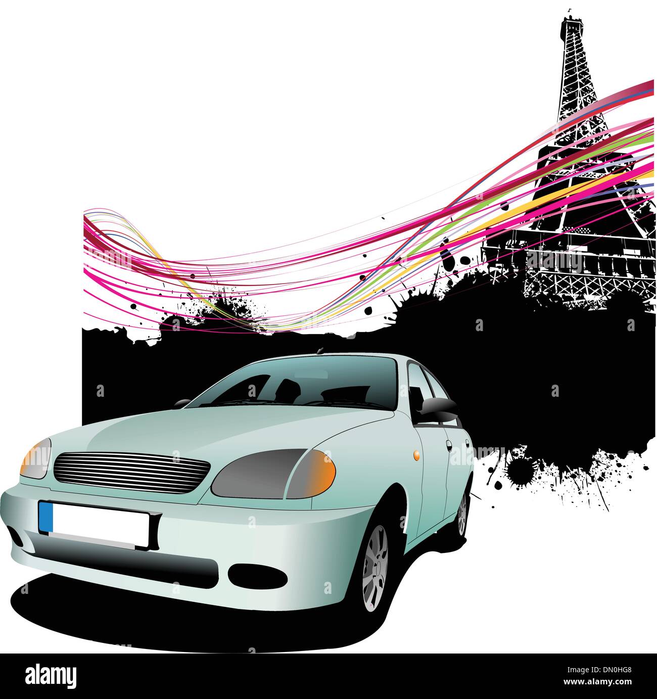 Leichte blaue Auto mit Paris Bildhintergrund. Vektor-illustration Stock Vektor