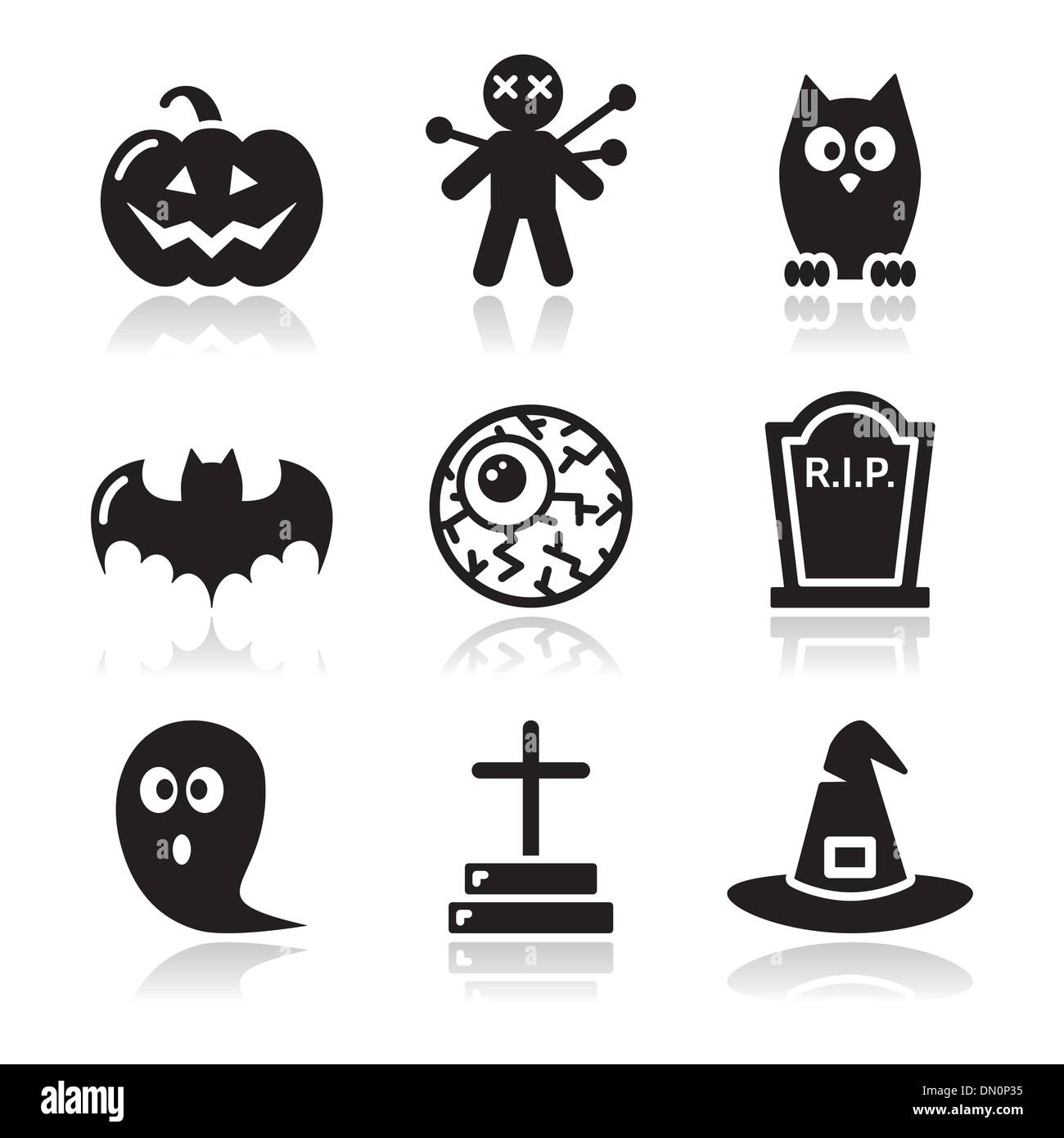 Halloween schwarze Symbole set - Kürbis, Hexe, Gespenst Stock Vektor