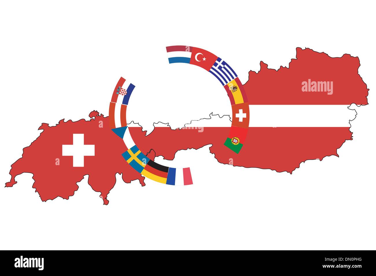 Ball mit Fahnen auf dem Hintergrund von Österreich und der Schweiz, EURO  2008 Stock-Vektorgrafik - Alamy
