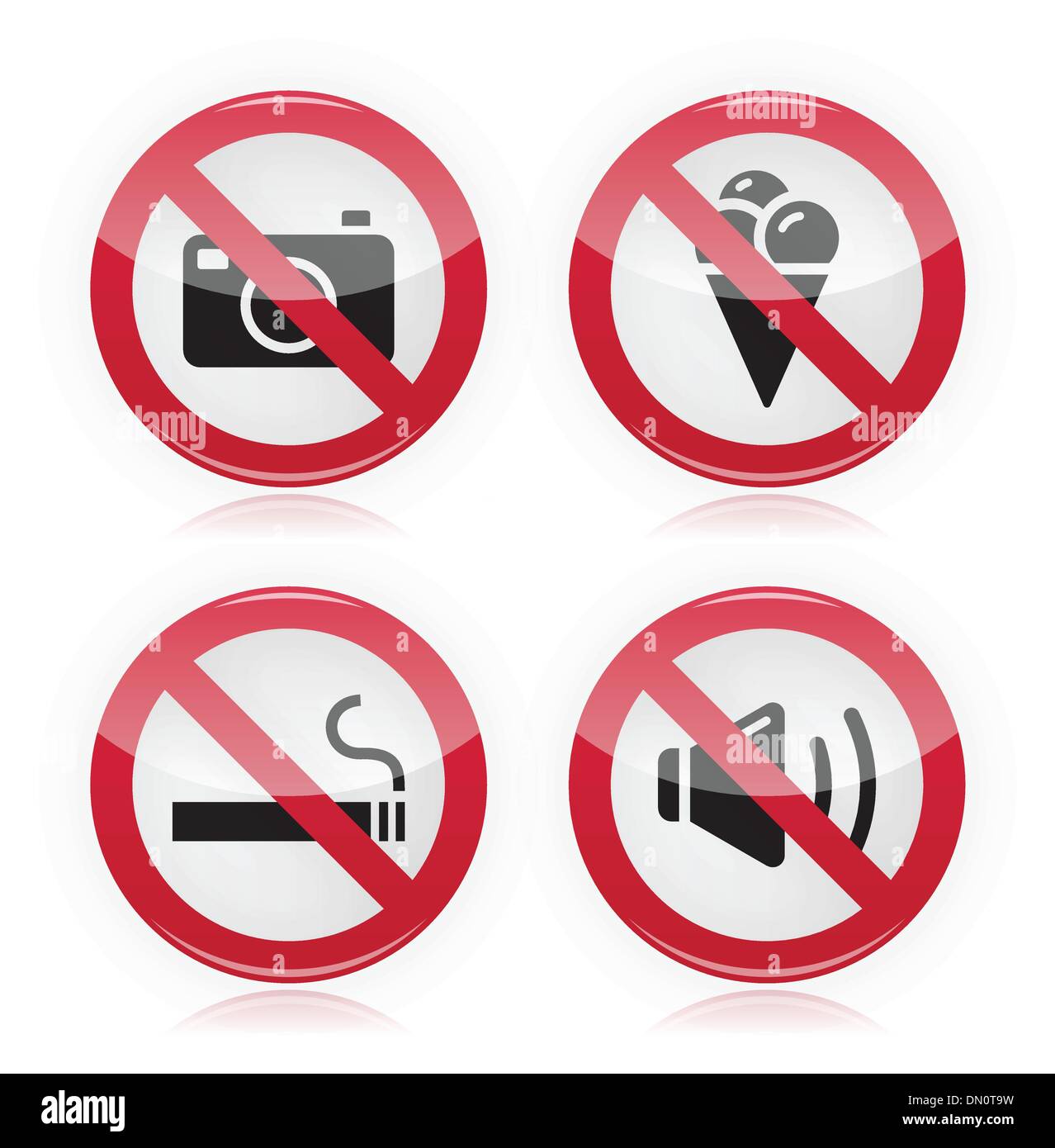 Verboten Schild: keine Kameras, kein Essen, kein Rauchen, kein Lärm Stock Vektor