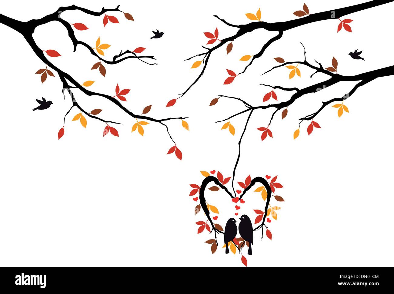Vögel auf Herbst Baum im Herzen Nest, Vektor Stock Vektor