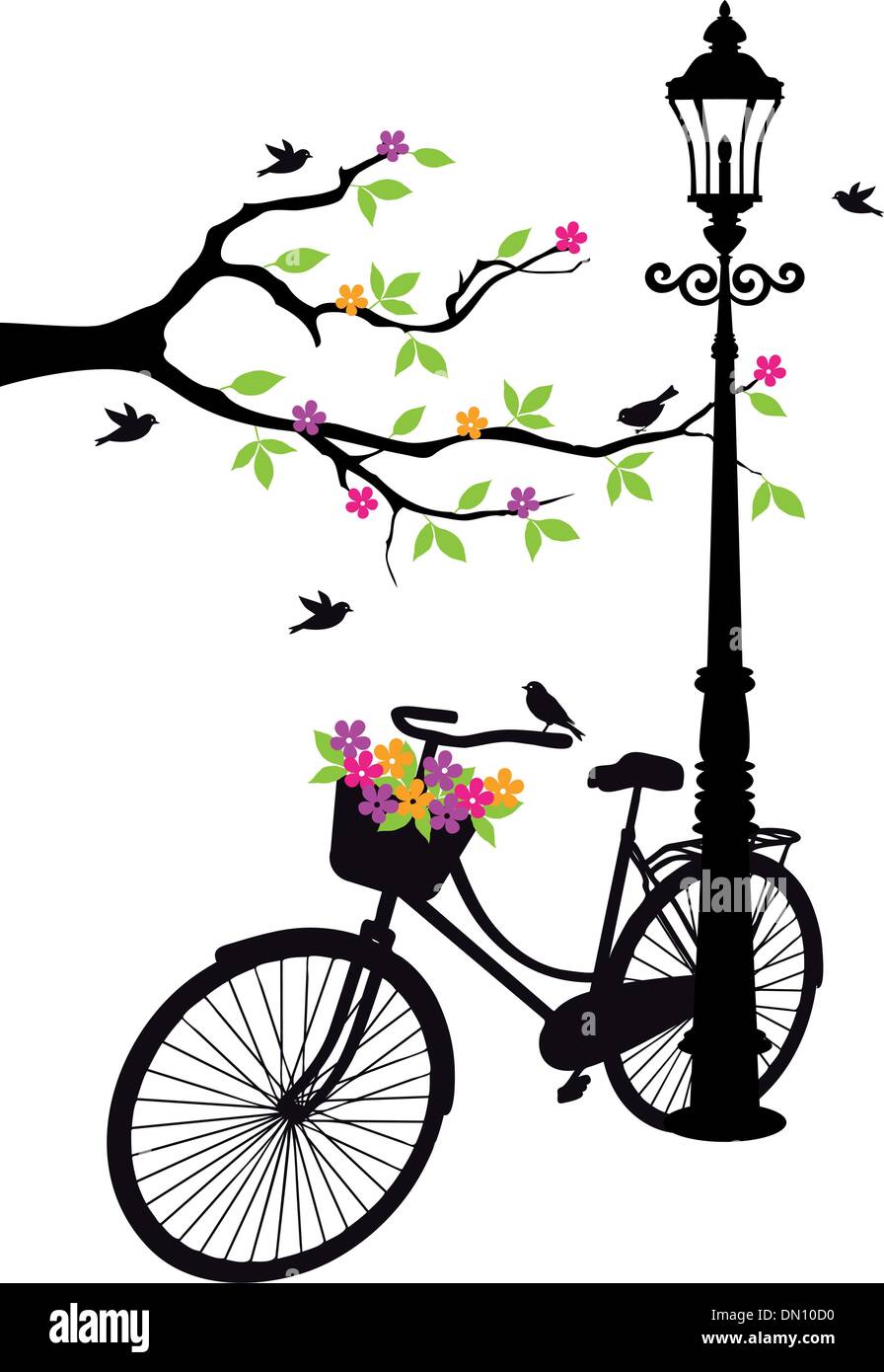 Fahrrad mit Lampe, Blumen und Baum, Vektor Stock Vektor