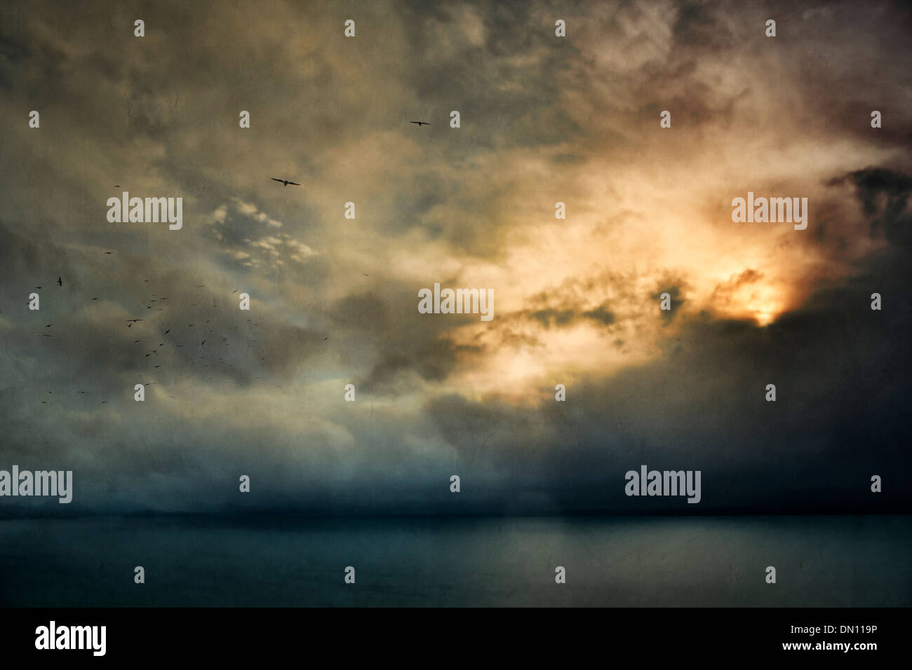 Sonne hinter Wolken über dem Meer mit Vögel fliegen glühen. Stockfoto