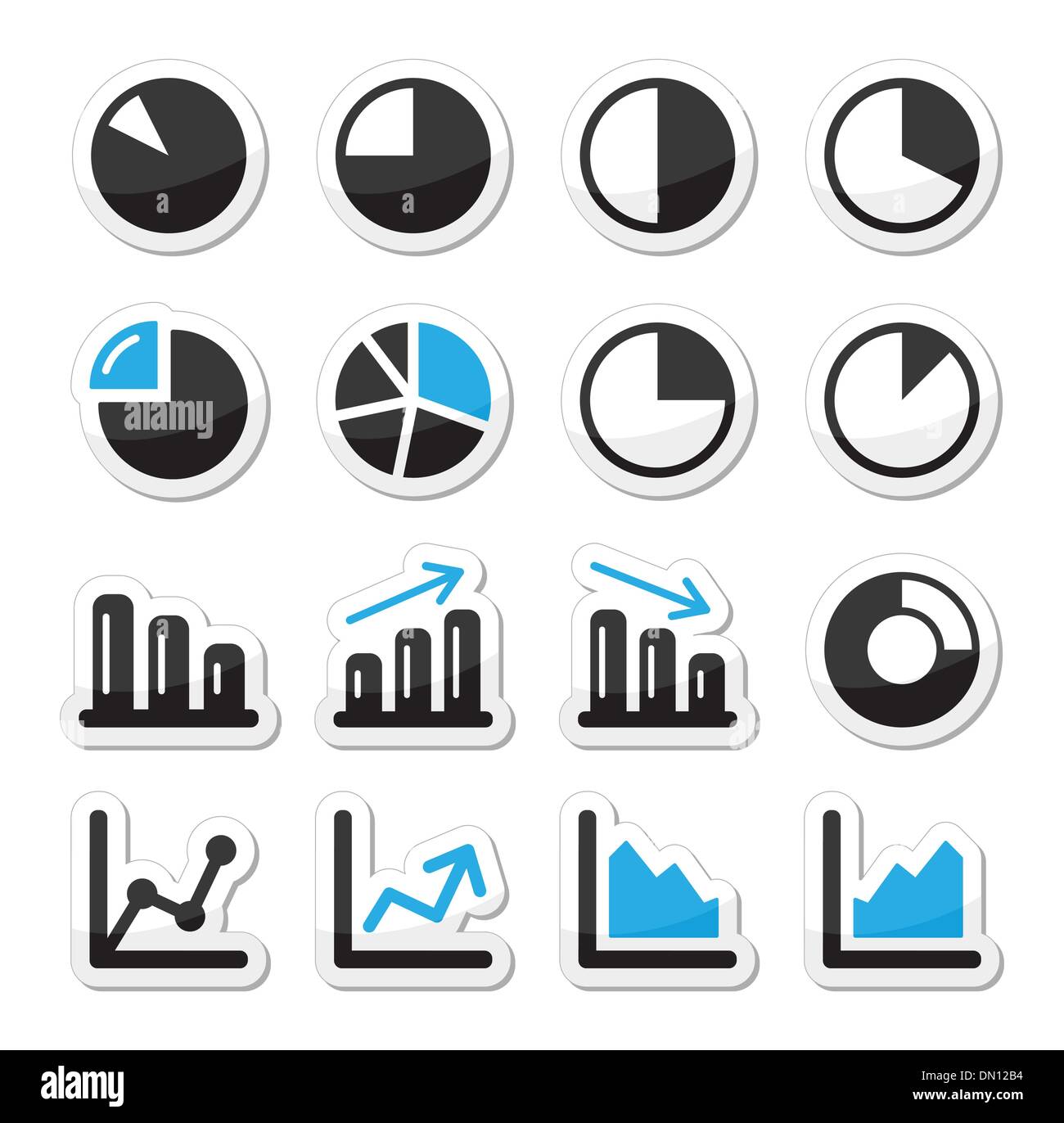 Diagramm Graph schwarze und blaue Ikonen als Etiketten Stock Vektor