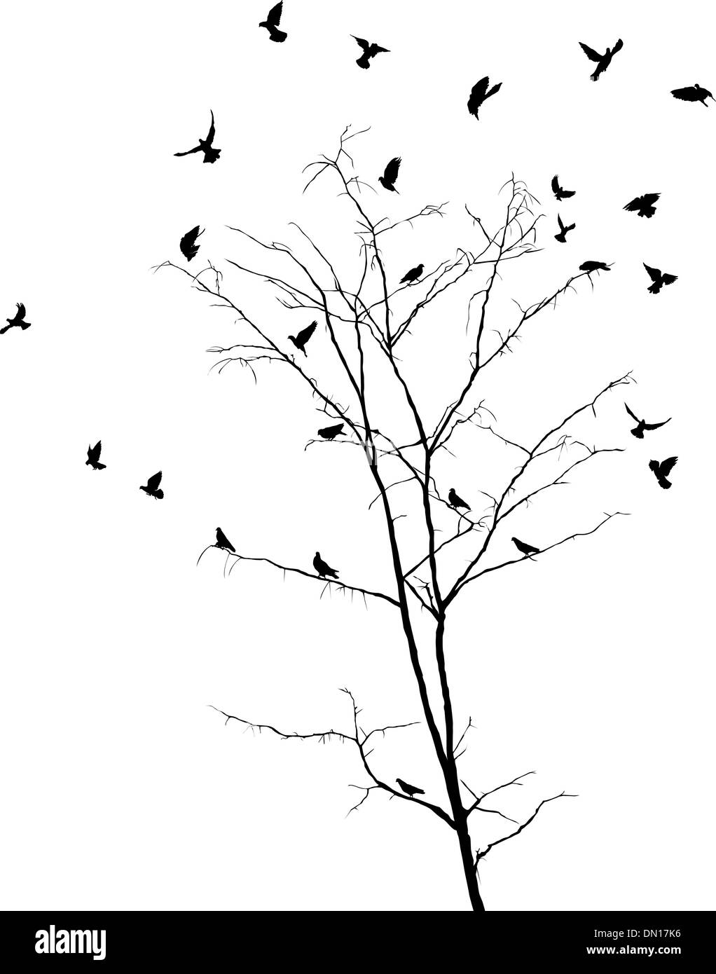 Vögel und Baum-Silhouetten Stock Vektor