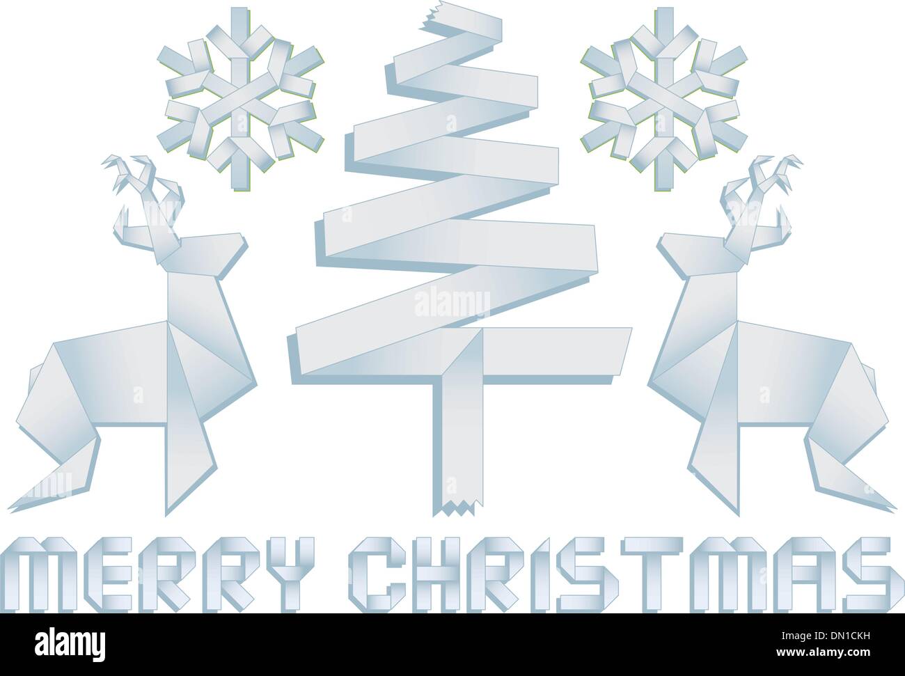 Weihnachten mit Baum, Hirsch und Schneeflocken, Vektor Stock Vektor