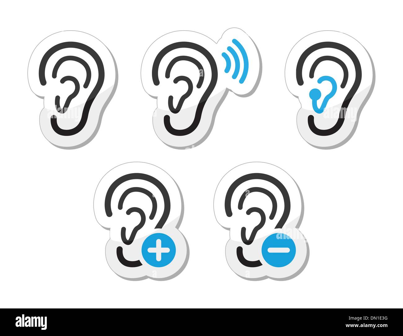 Ohr Hörgerät taub Problem Symbole festlegen als Beschriftungen Stock Vektor