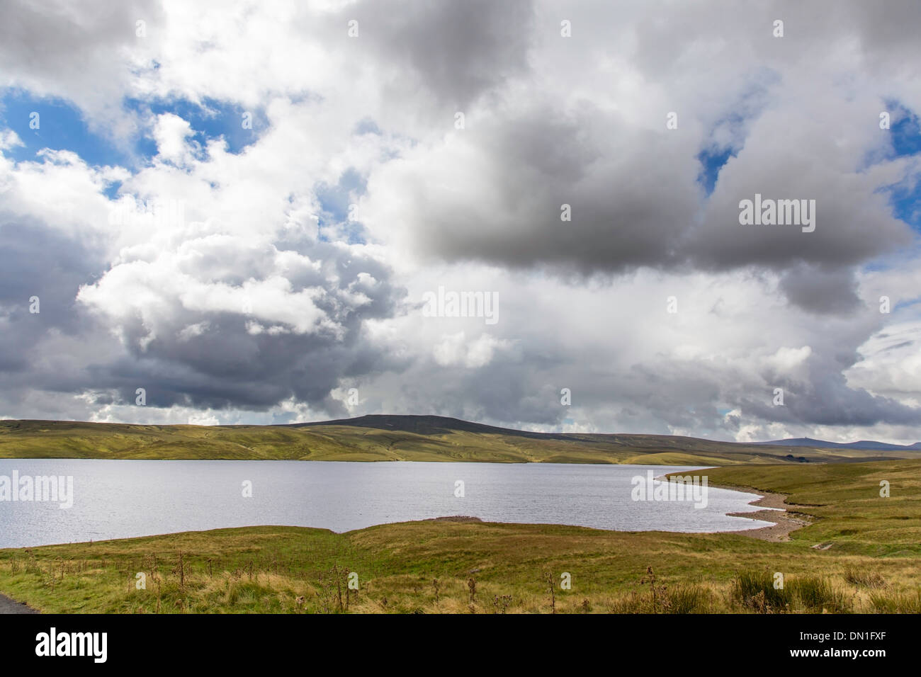 Kuh-grün Reservoir und oberen Teesdale National Nature Reserve unter Cumulus Wolken, North Pennines, Cumbria, England, UK Stockfoto
