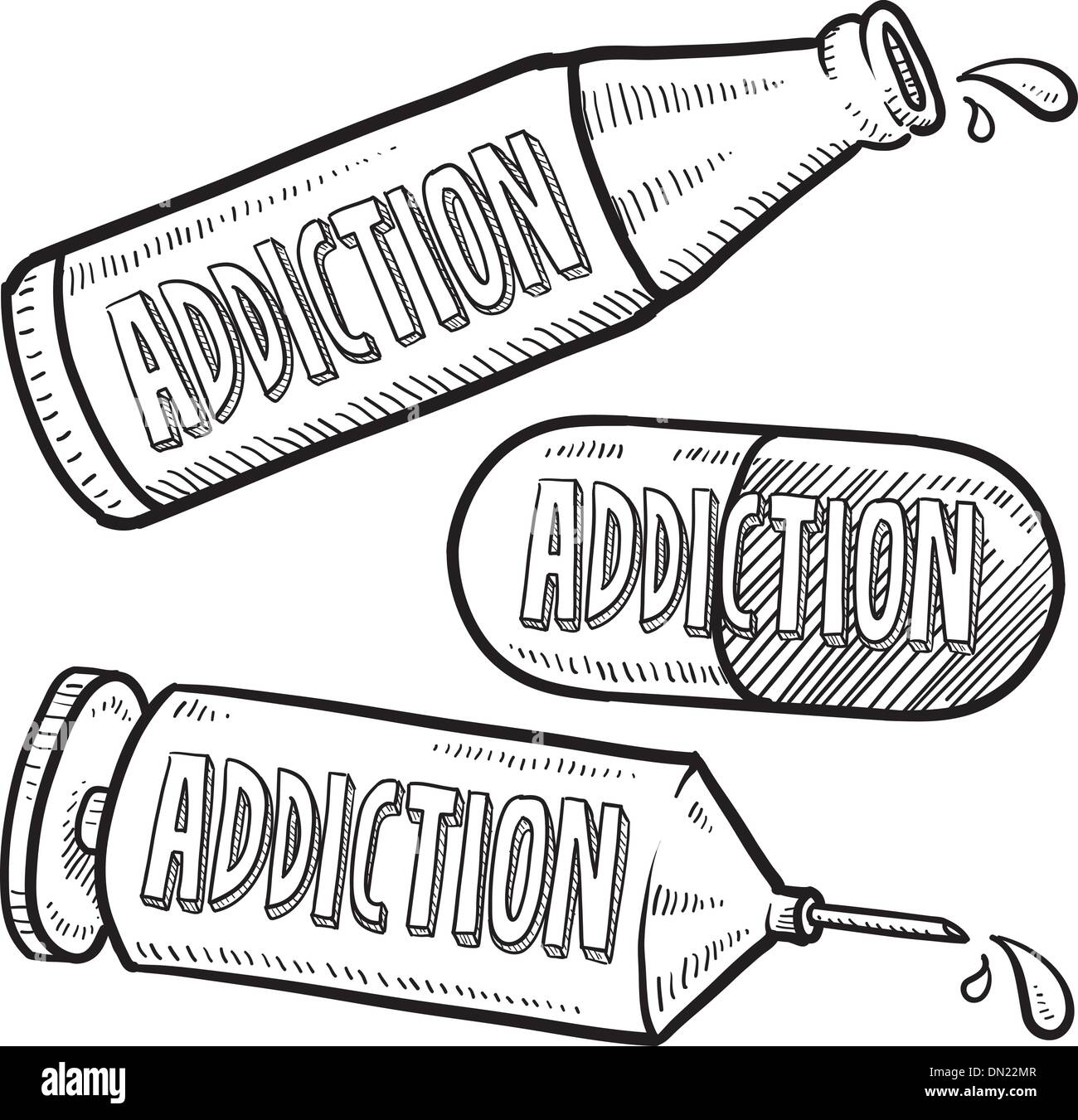 Alkohol- und Drogensucht Skizze Stock Vektor