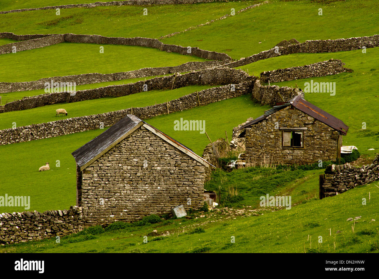 Castleton Scheunen und Trockenmauer Stockfoto