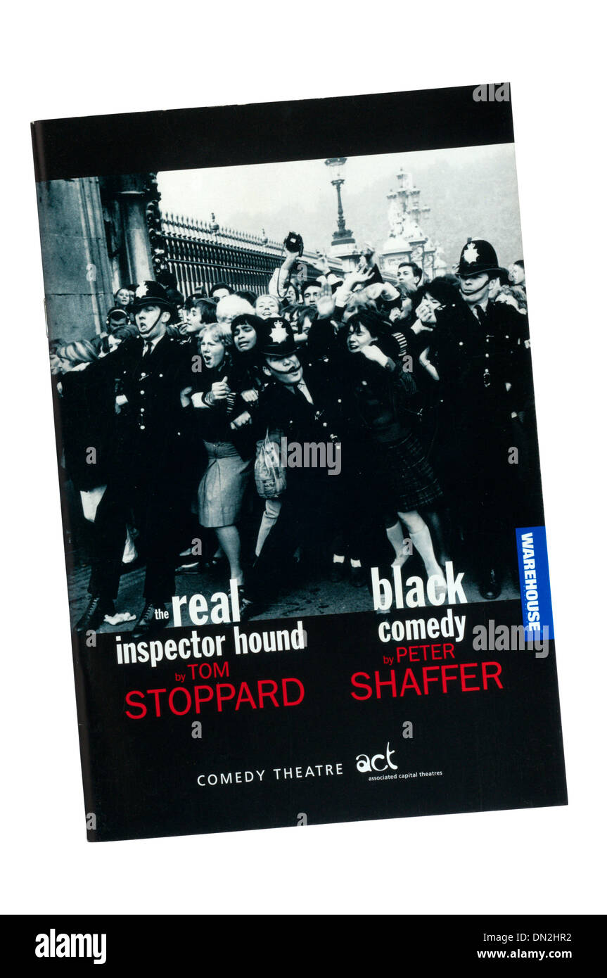 Programm für 1998 doppelte Rechnung von The Real Inspector Hound von Tom Stoppard und schwarzer Komödie von Peter Shaffer am Comedy-Theater. Stockfoto