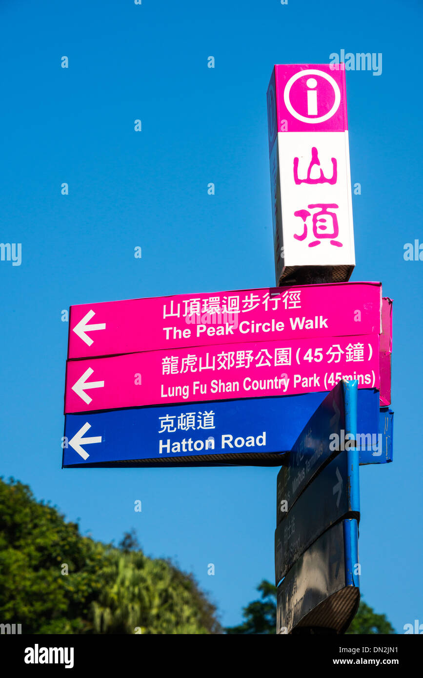 Wegweiser mit Informationen, Peak, Hong Kong Stockfoto