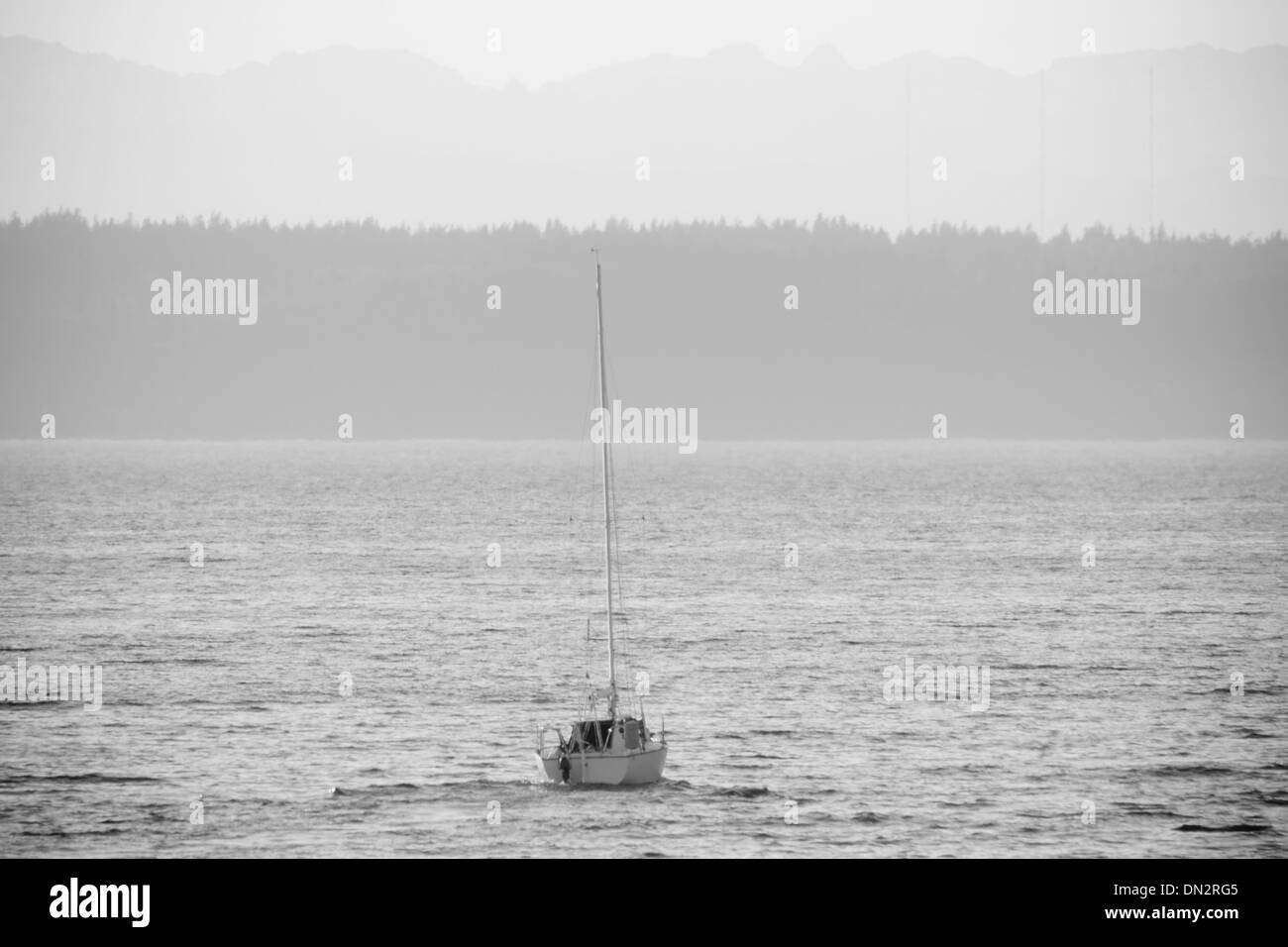 Ein Segelboot Einstellung heraus für eine Sunset Cruise auf dem Puget Sound Seattle Washington in Schwarz und Weiß Stockfoto