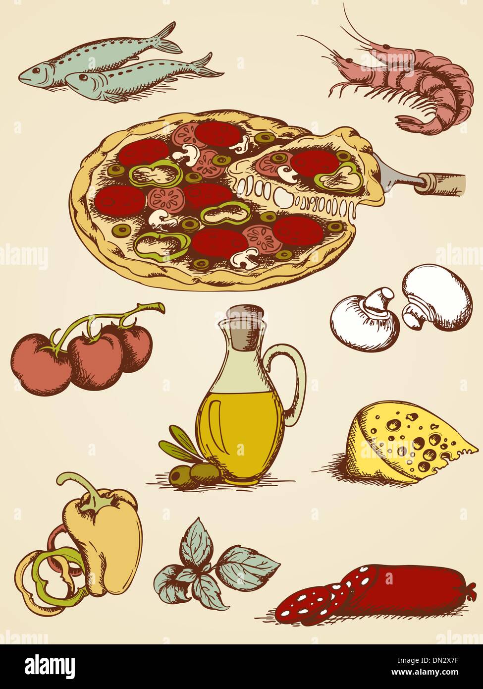 Hand gezeichnet-Pizza-set Stock Vektor