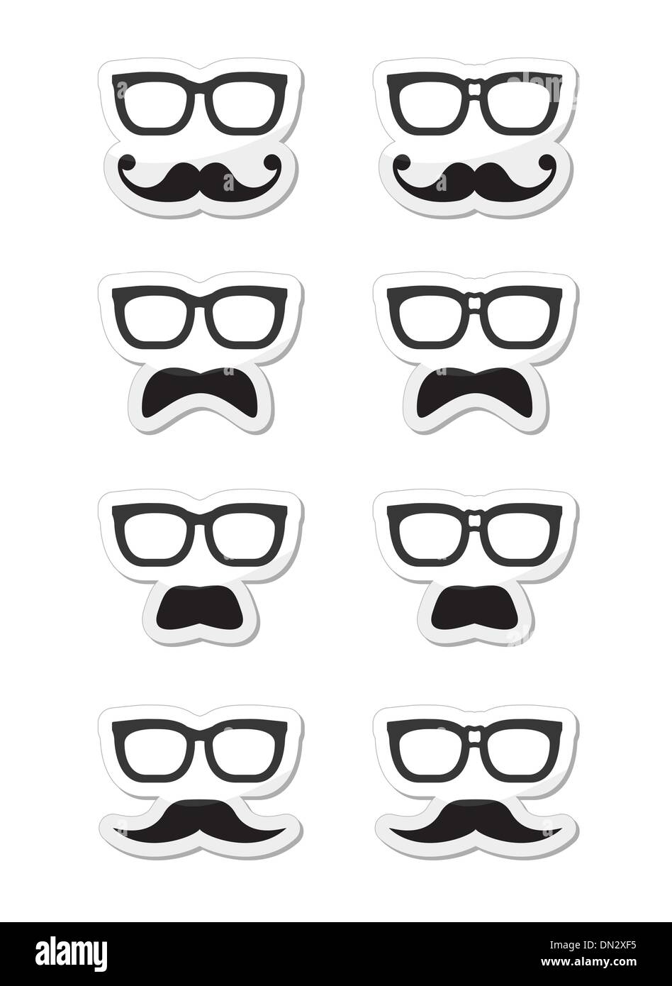 Geek-Brille und Bart oder Schnurrbart Vektor-Etiketten Stock Vektor