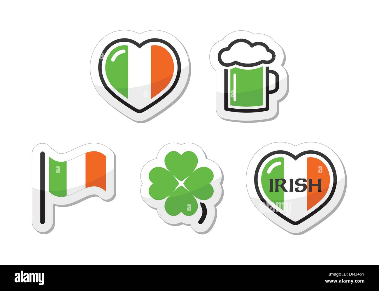 St. Patricks Day Ikonen - irische Flagge, Klee, Jungbier Stock Vektor