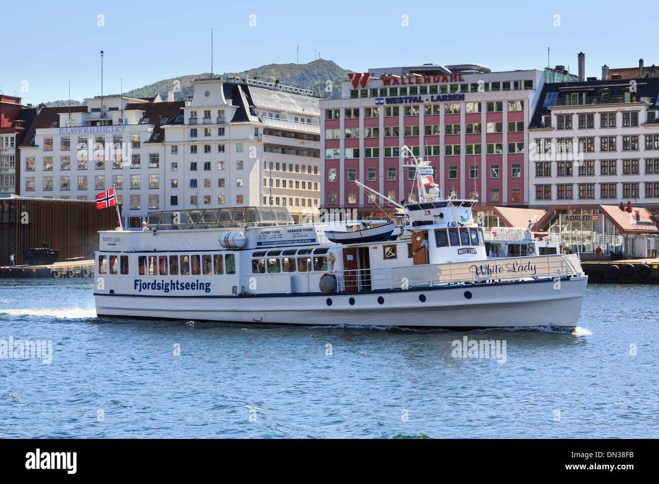 White Lady Touristen Fjord Sightseeing cruise Boot Segeln im Hafen Vågen, Bergen, Hordaland, Norwegen, Skandinavien Stockfoto