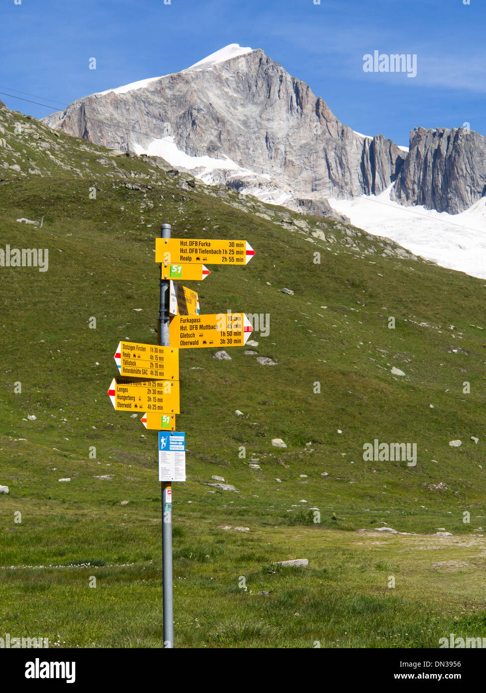 2500 Meter Höhe Höhepunkt der Furkapass Straße Schweiz und Ausgangspunkt für Wanderwege, Wegweiser für Wanderer Stockfoto