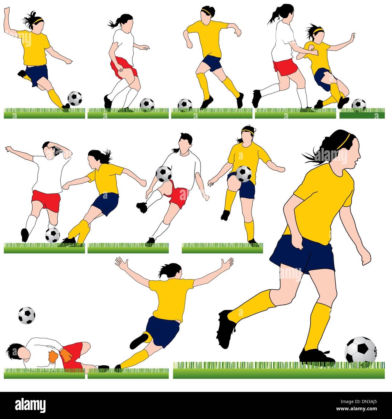 12 weibliche Fußball Silhouetten eingestellt Stock Vektor