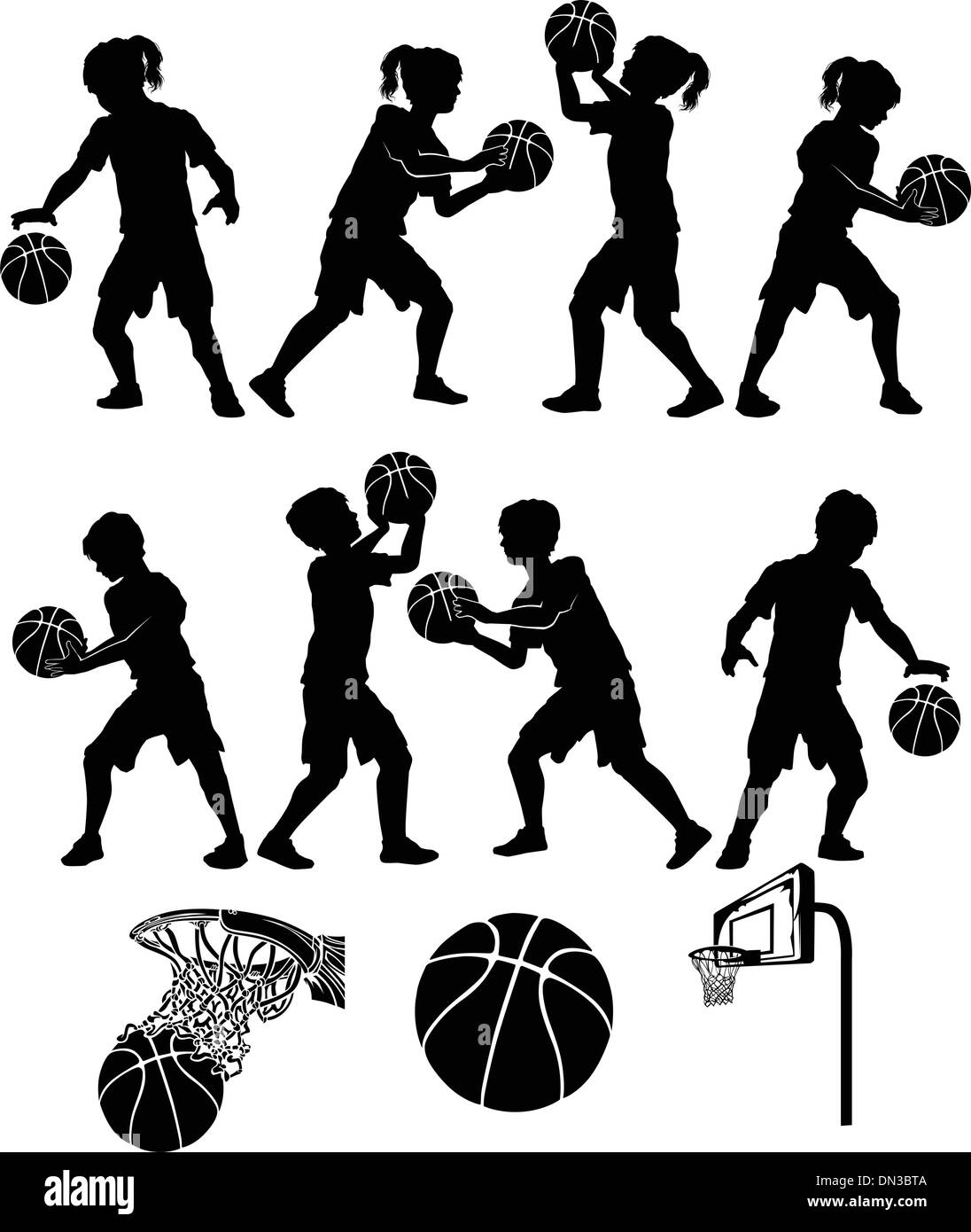 Basketball-Silhouetten Kinder, jungen und Mädchen Stock Vektor