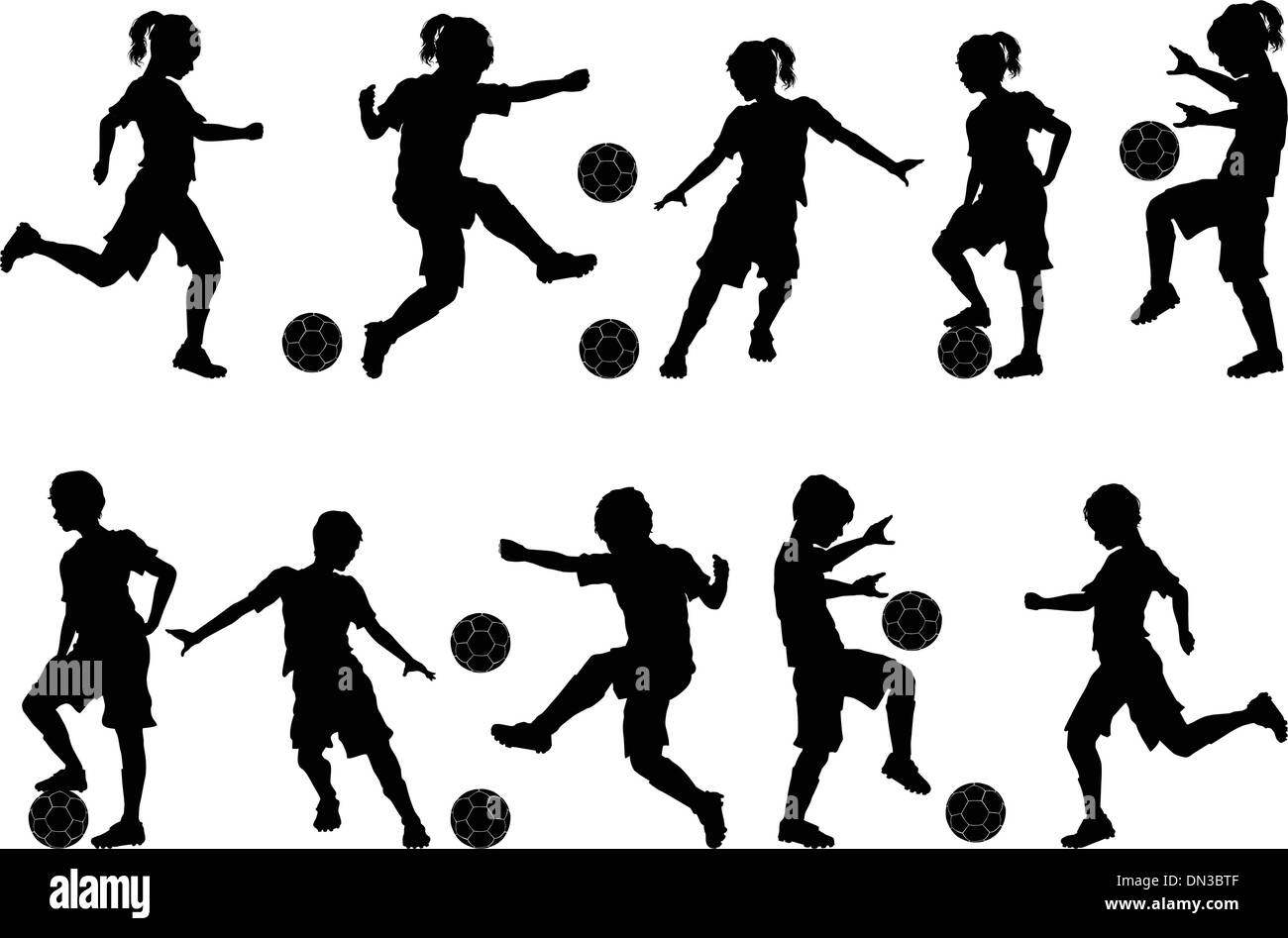 Fußball-Silhouetten Kinder, jungen und Mädchen Stock Vektor