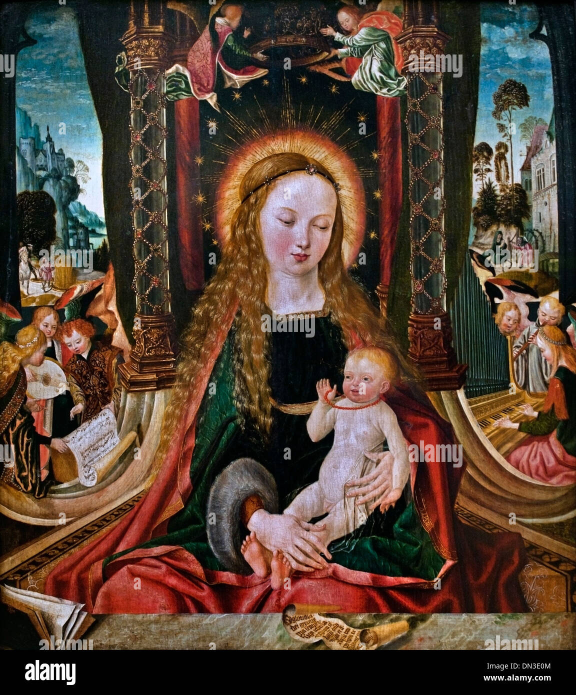 Meister des Aachener Altar, Madonna und Kind mit Engeln, die Instrumente spielen. 1480 - 1520 Deutsch Deutschland Stockfoto