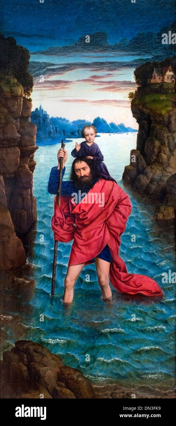 Heiliger Christophorus trägt das Jesuskind. 3. Jahrhundert. Farbige Gravur.  des 19. Jahrhunderts Stockfotografie - Alamy