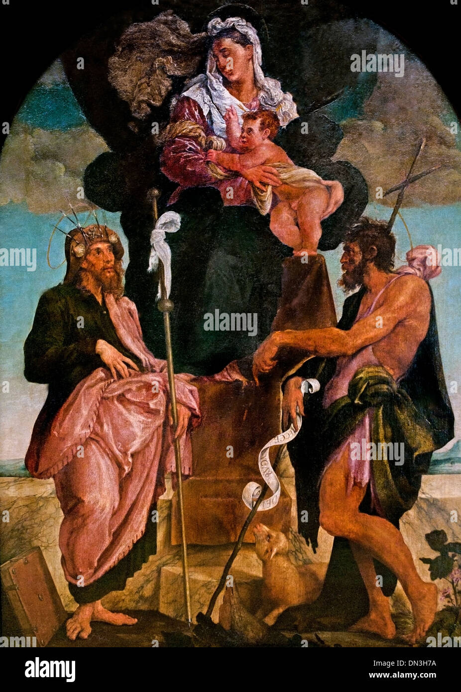 Maria mit Kind und heiligen Heiligen von Jacopo da Ponte namens G. Bassano, geboren 1510 in Bassano Stockfoto