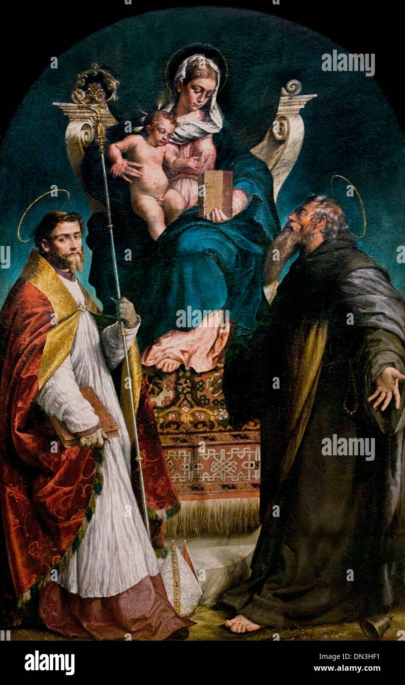 Maria mit Kind und heiligen Männer von Jacopo da Ponte genannt G. Bassano, geboren 1510 in Bassano, Stockfoto