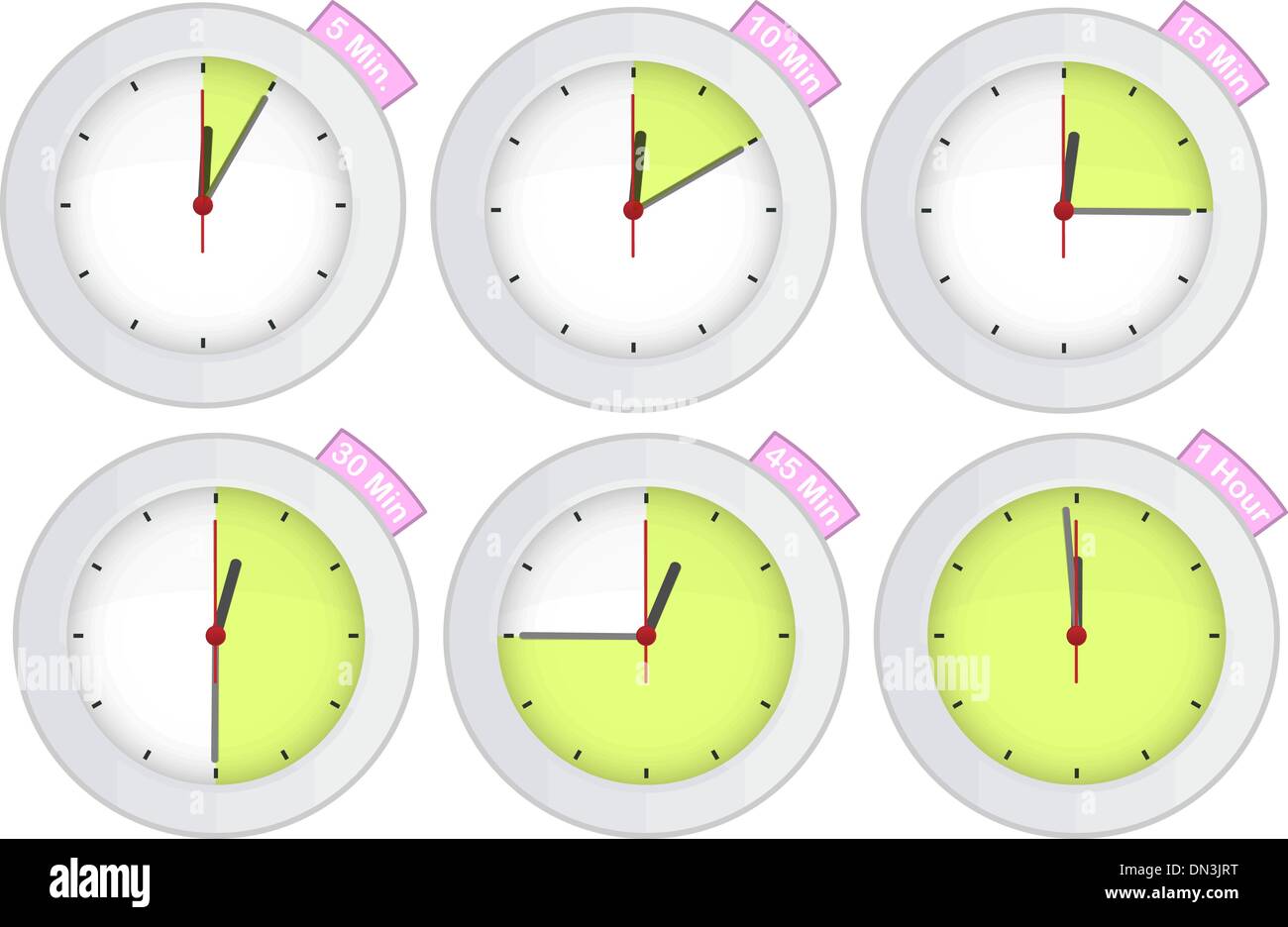 Timer clock mit 5, 10, 15, 30, 45, 60 min unterzeichnet Stock Vektor