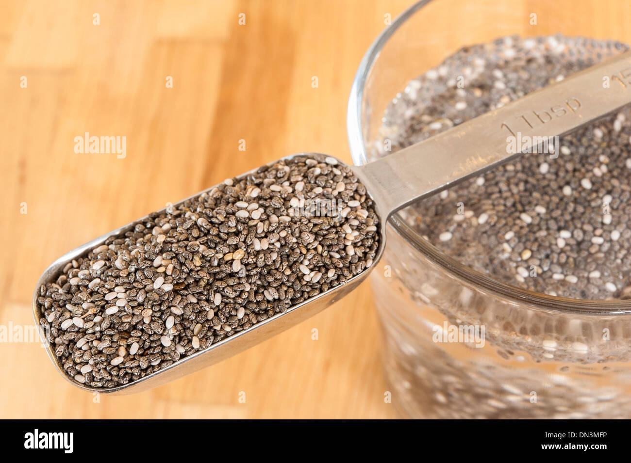 Esslöffel Chia-Samen mit Chiasamen einweichen in einem Glas Wasser Stockfoto