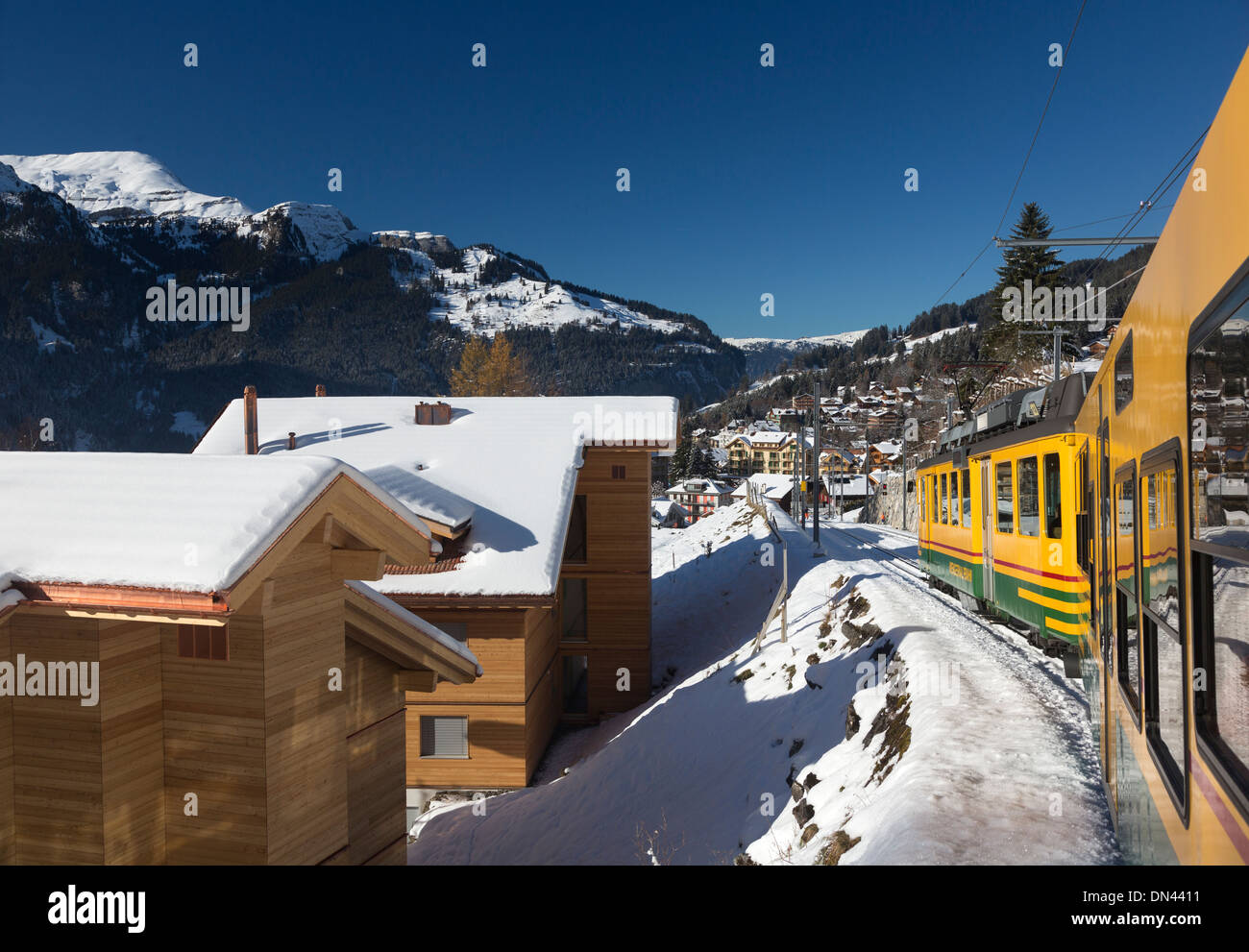 Winter-Blick auf Dorf Wengen, Berner Oberland, Schweiz Stockfoto