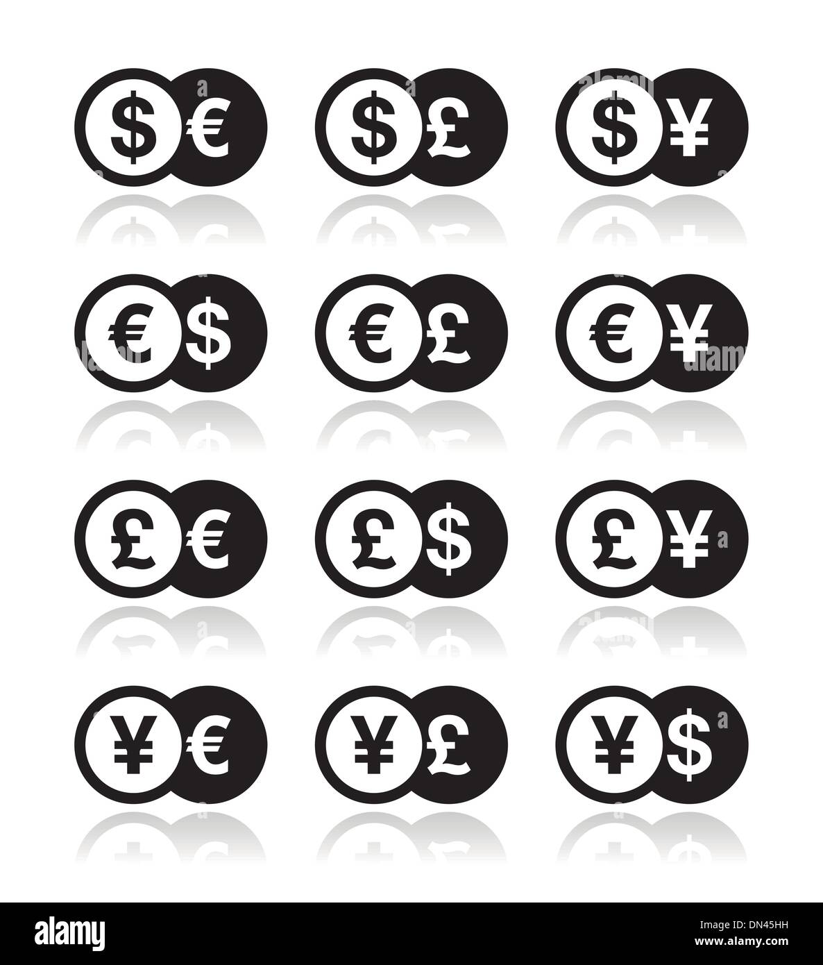 Währung-Austausch-Icons set - Dollar, Euro, Yen, Pfund Stock Vektor